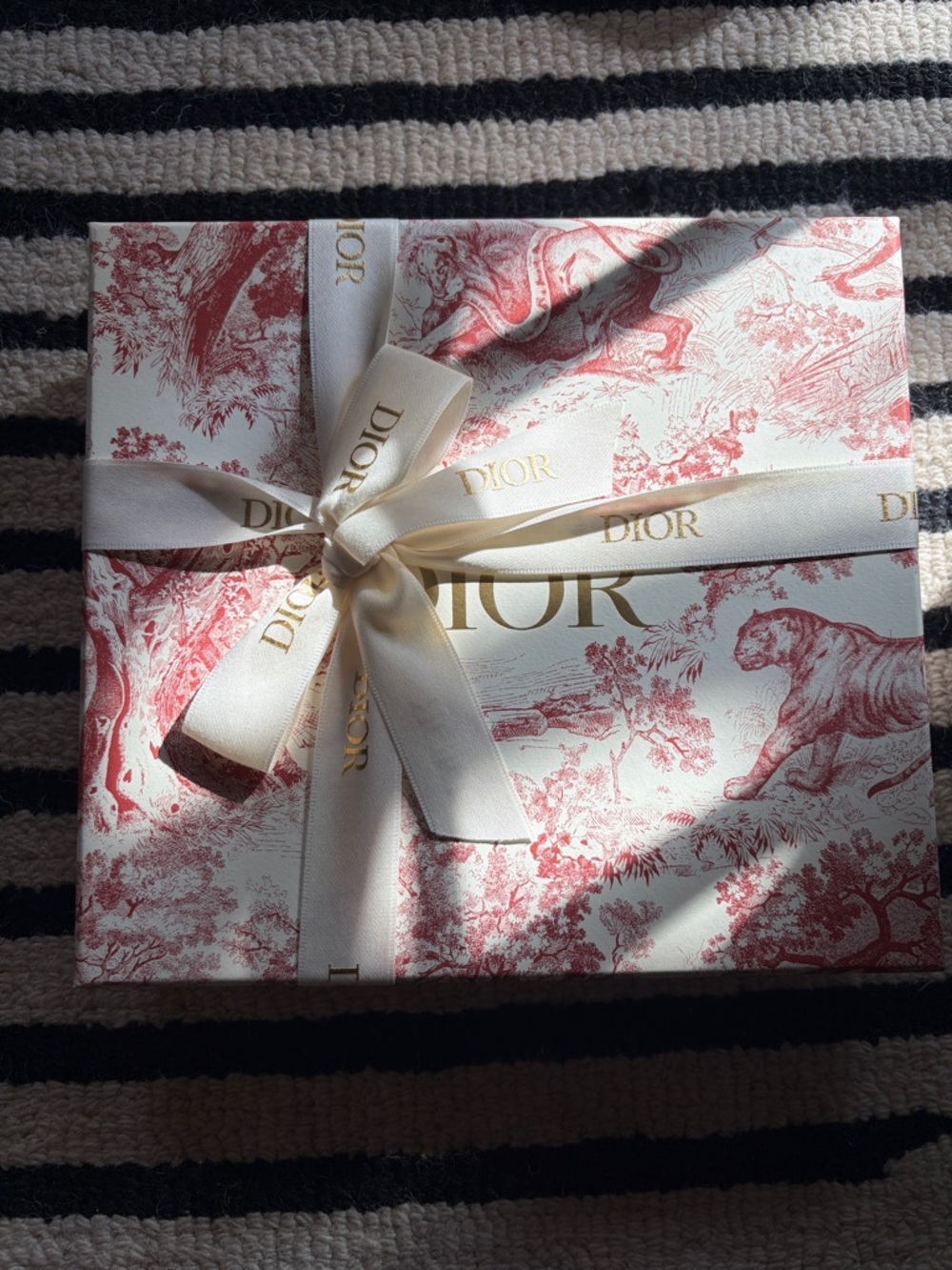 Dior Toile Gift Box with Ivory Ribbon and Rose Red Print